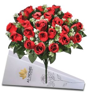 41cm Artificial Silk Red Rose Bush with Gyp & Foliage 24 flower heads- Wedding Grave Home Decoration