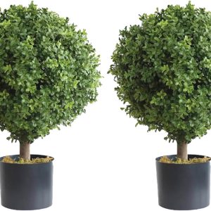 Two 2 Foot Outdoor Artificial Boxwood Ball Topiary Bushes Potted Plants 16 inches Wide