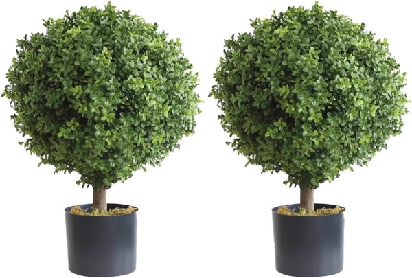 Two 2 Foot Outdoor Artificial Boxwood Ball Topiary Bushes Potted Plants 16 inches Wide